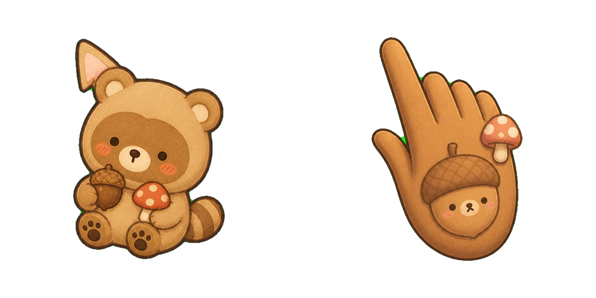 San-X Raccoon Bear with Acorn and Mushroom cursor pack